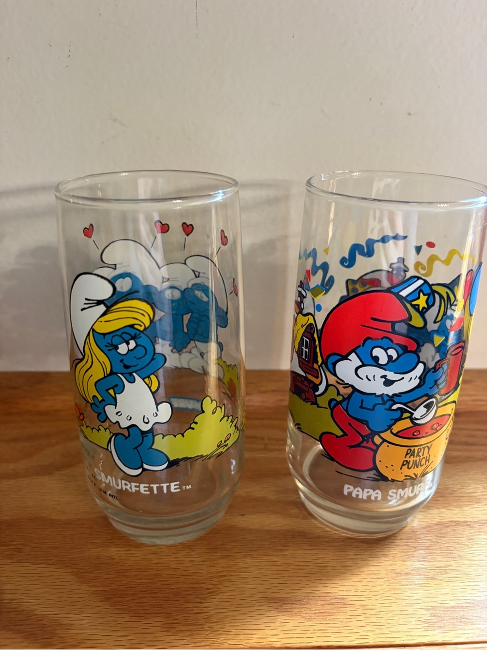 Smurfette & Papa Smurf Vintage 1983 Character Glasses - Blue, Red, Yellow